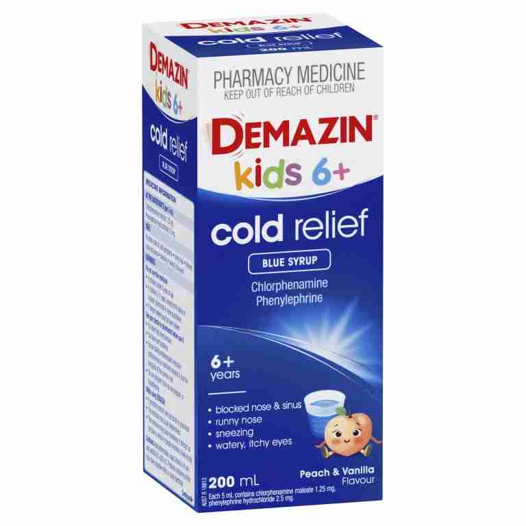 Demazin Kids 6+ Cold Relief Blue Syrup Peach & Vanilla Flavour 200ml