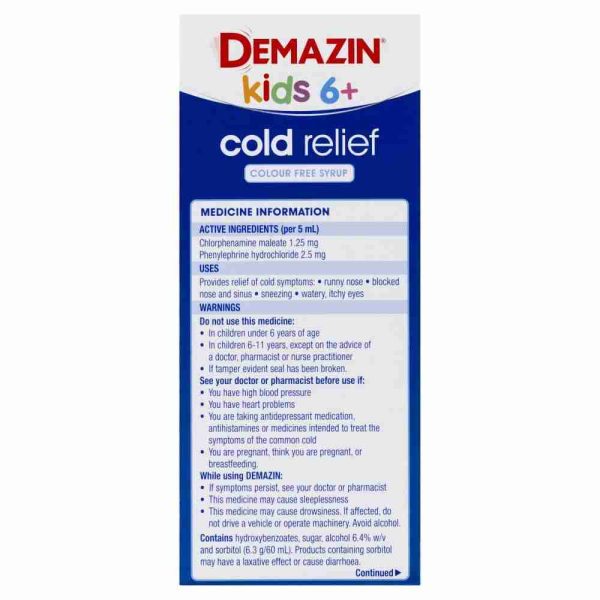 Demazin Kids 6+ Cold Relief Colour Free Syrup 200ml