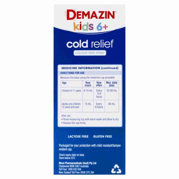 Demazin Kids 6+ Cold Relief Colour Free Syrup 200ml