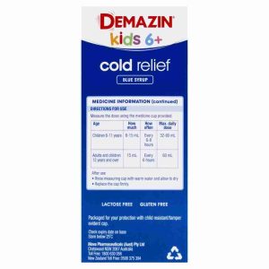 Demazin Kids 6+ Cold Relief Blue Syrup Peach & Vanilla Flavour 200ml - Image 4