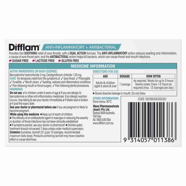 Difflam Sore Throat Lozenges Sugar Free Strawberry 16 Lozenges