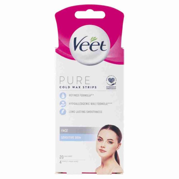 Veet Pure Hair Removal Cold Wax Strips Face Sensitive Skin 20 Pack
