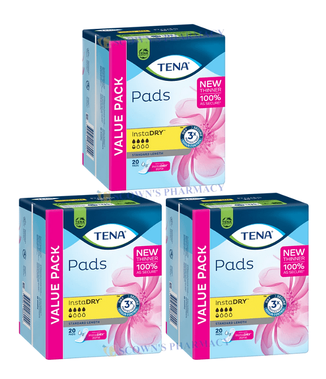 3* Tena Pad Instadry Standard Length 20 Pack = 60 Pads