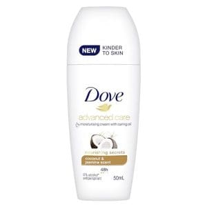 Dove Advanced Care Anti-perspirant Deodorant roll-on for 48 hours of protection Coconut Scent with 1 4 moisturising cream and caring oil 50 ml (packaging may vary)