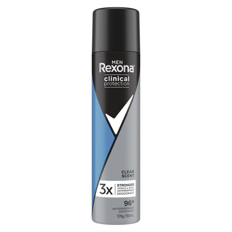 Rexona Men Clinical Antiperspirant Deodorant Aerosol Spray Clean Scent, 180ml, 96 Hour Protection (packaging may vary)