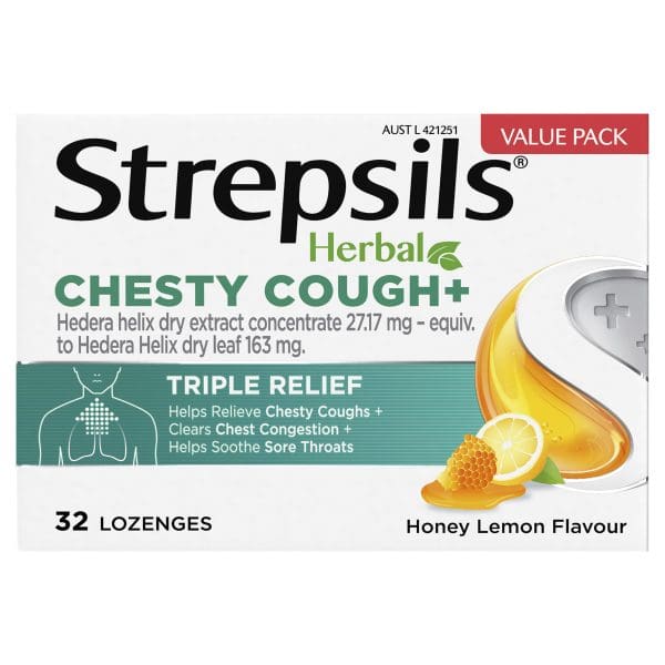 Strepsils Herbal Chesty Cough+ Triple Relief Sore Throat Lozenges Honey Lemon