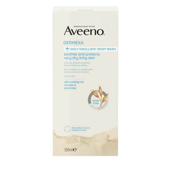 Aveeno Dermexa Daily Emollient Fragrance Free Body Wash Soothe & Moisturise Extra Dry Itchy Sensitive Eczema Prone Skin 300mL