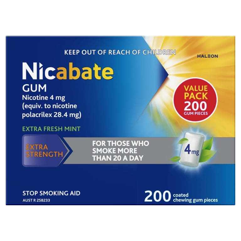 Nicabate Gum Stop Smoking Nicotine 4mg Extra Strength Extra Fresh Mint Coated Chewing Gum 200 Pack