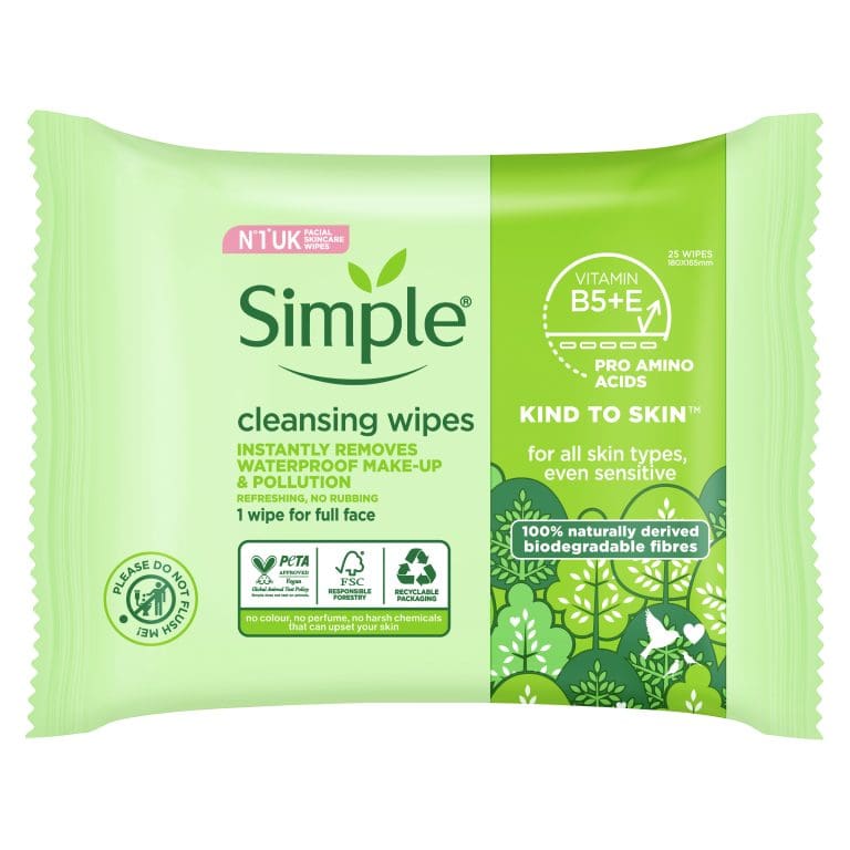 Simple Kind to Skin Biodegradable Cleansing Wipes with vitamin B5, vitamin E and pro amino acids make-up 25 pc