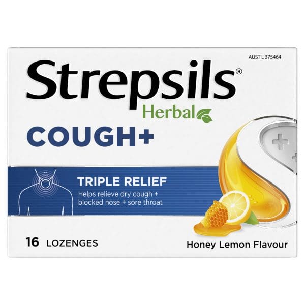 Strepsils Herbal Cough+ Triple Relief Honey Lemon Flavour 16 Pack