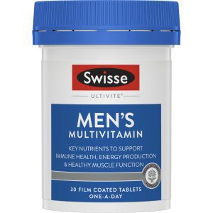 Swisse Ultivite Men’s Multivitamin bottle with blue cap and label reading ‘30 film-coated tablets, one-a-day’ on a white background