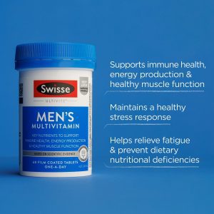 Swisse Men’s Multivitamin bottle on a blue background with benefit text: immune health, energy, muscle function, stress response, and fatigue relief (one-a-day tablets).