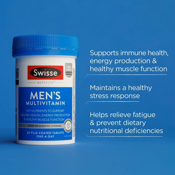 Swisse Men’s Multivitamin bottle on a blue background with benefit text: immune health, energy, muscle function, stress response, and fatigue relief (one-a-day tablets).